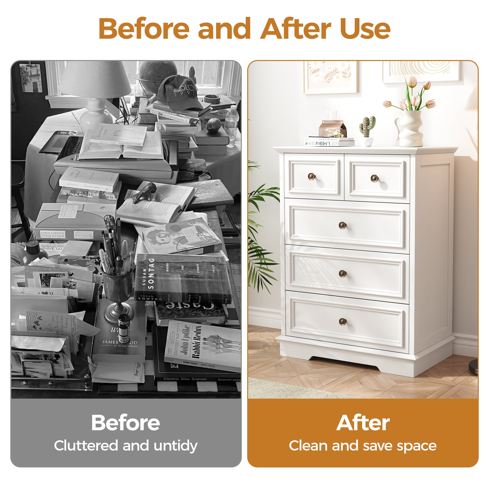 NEGYLIM White 5 Drawer Dresser for Bedroom, Rustic Chest of Drawers, Wood Storage Cabinet Organizer with Antique Bronze Round Handles for Living Room,Entryway, Small Spaces