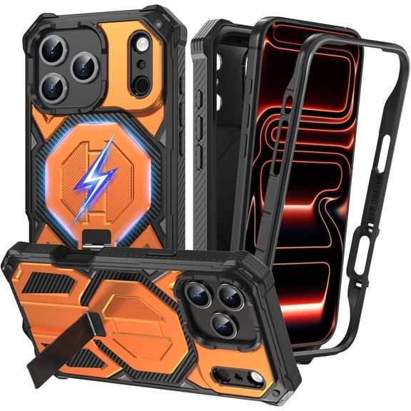 TSBIFV Armor Magnetic Case for iPhone 17 Pro Max & 18 Pro Max, MagSafe Compatible Rugged Shockproof Phone Cover with Kickstand, Black Orange