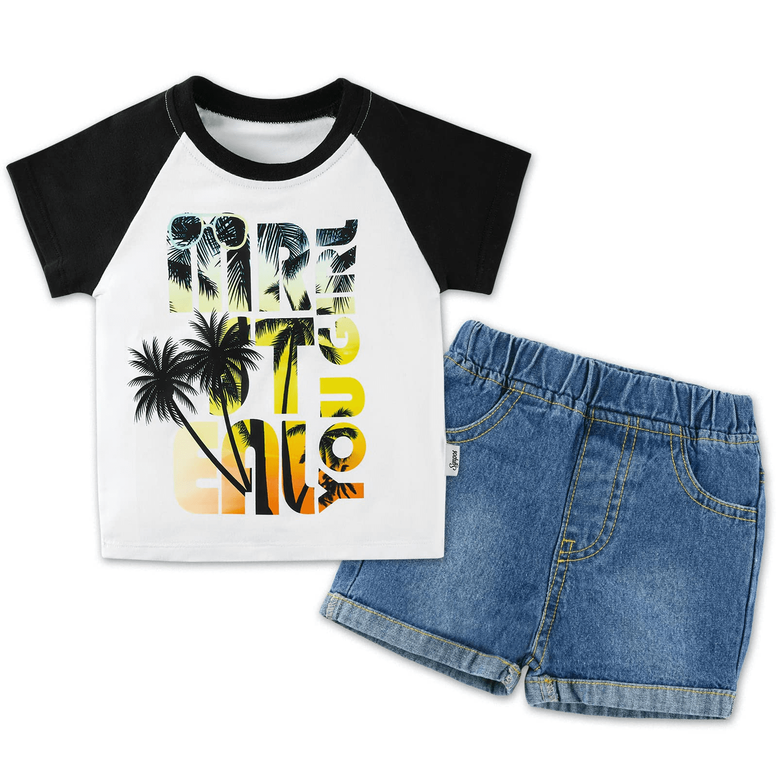 2pcs Toddler Boy Trendy Ripped Denim Shorts & Letter Print Tee Set