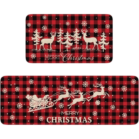 Christmas Kitchen Mats Set of 2, Linen Xmas Kitchen Rugs, Red Buffalo Plaid with Deer & Santa Sleigh Design, Non-Slip Floor Mats for Kitchen, Entryway Christmas Decor 17x30 17x47 Inch