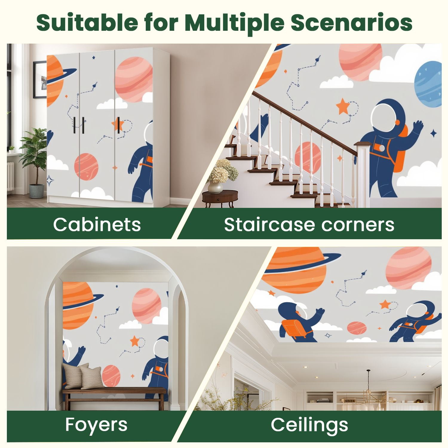 Peel and Stick Wallpaper Nursery Cartoon Space Planet Boy Astronaut Character Rocket Ship Modern Art Wall Mural Decor Self Adhesive and Removable 100in x 144in