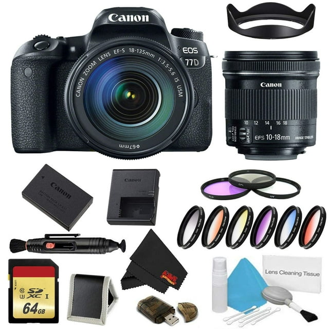Canon EOS 77D Appareil Photo Reflex Numérique avec Objectif 18-135 mm Ensemble avec 9 Filtres et Trousse de Mémoire + Objectif 10-18 mm Bonus (Modèle Intl)