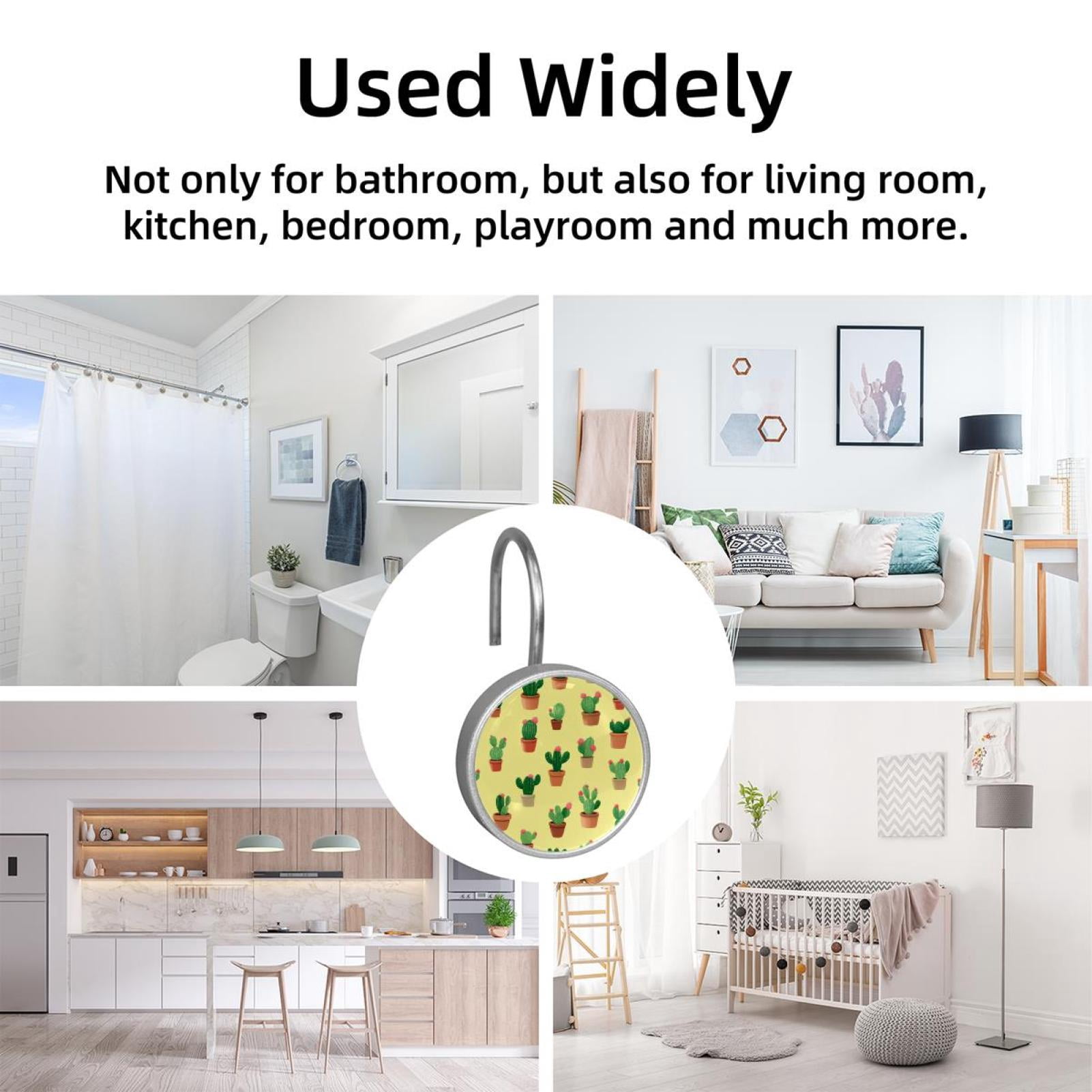 12pcs Decorative Shower Curtain Hooks, Rust Resistant Shower Rings for Bathroom Living Room,Rustproof Stainless Steel Rings for Shower Curtain and Liner Rods,Cactus Yellow Pattern
