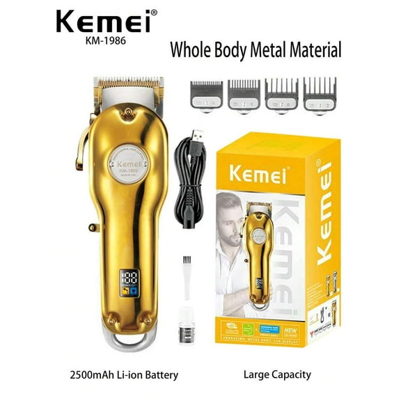 Kemei KM-1986 Professional Hair Clipper All Metal Electric Barber Haircut For Men Strong Power Clipper Cordelss USB Rechargeable Adjustable Hair Trimmer Hair