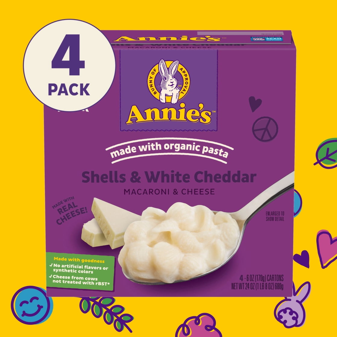(4 pack) Annie's Shells and White Cheddar Made with Organic Protein Pasta and Real Cheese, 4 Count, 24 oz