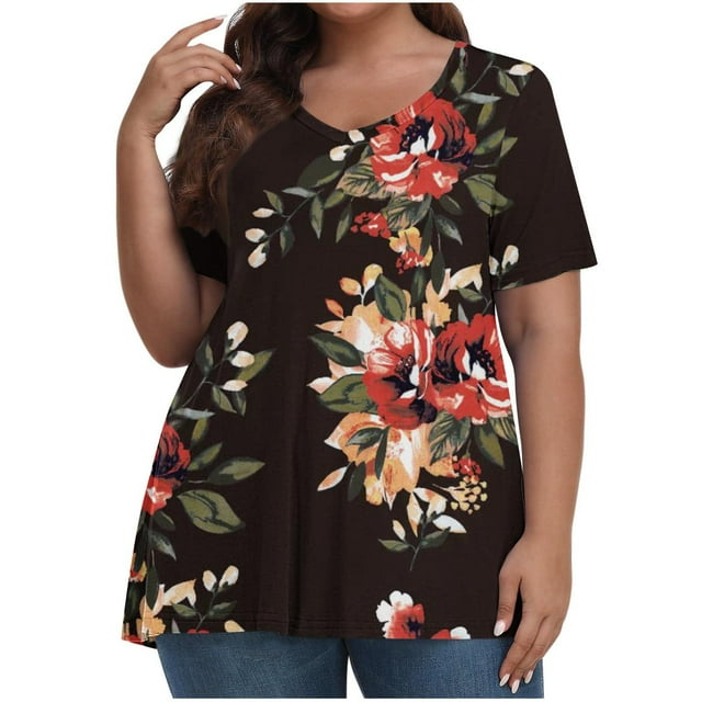 Qtocio Hauts d'Été pour Femmes, T-Shirt à Manches Courtes Col en V Grande Taille avec Imprimé Aléatoire Blouse Décontractée