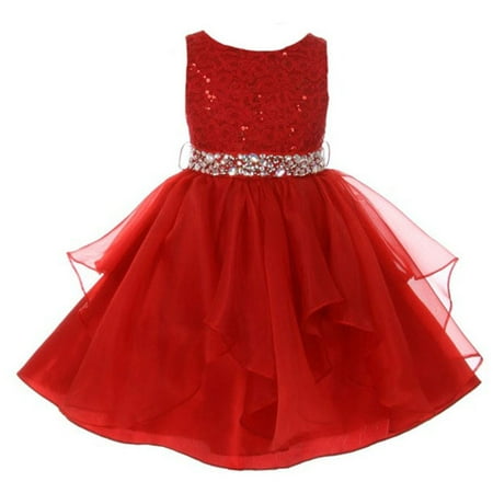 Little Girls Red Lace Crystal Tulle Ruffle Flower Girl