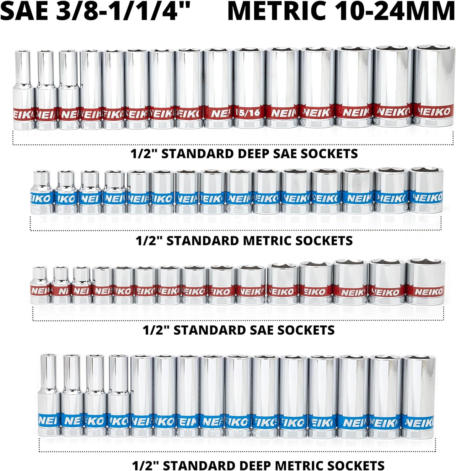 Neiko 02479A 1/2 Inch-Drive Colored Mechanics Tool Ratchet, Socket Set, 68 Piece Standard and Deep SAE Sizes 3/8" to 1-1/4" Metric Sizes 10 mm to 24 mm Made with CrV Steel for Auto Repair
