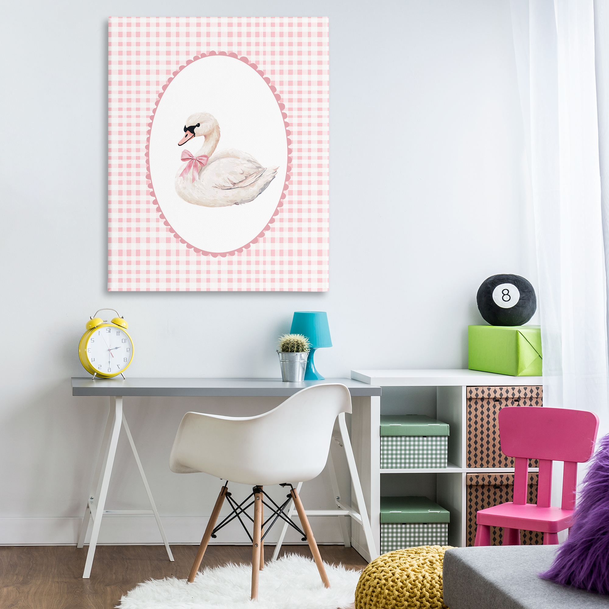Gentle Swan on Pink Checkered Canvas Wall Art, design by Christine Simpson Art