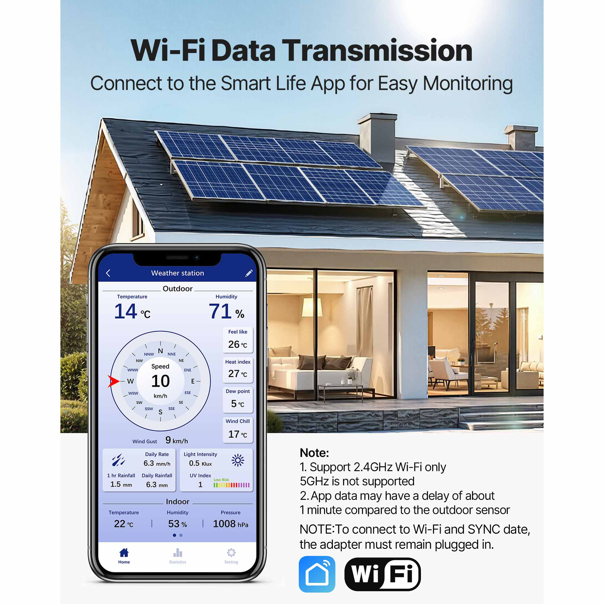 KFFKFF 7-in-1 Wi-Fi Weather Station with App, 7.5-Inch VA Screen, Solar-Powered Wireless Outdoor Sensor, Rain Gauge, Indoor and Outdoor Use for Weather Monitoring, Wind Speed, Temperature, Humidity