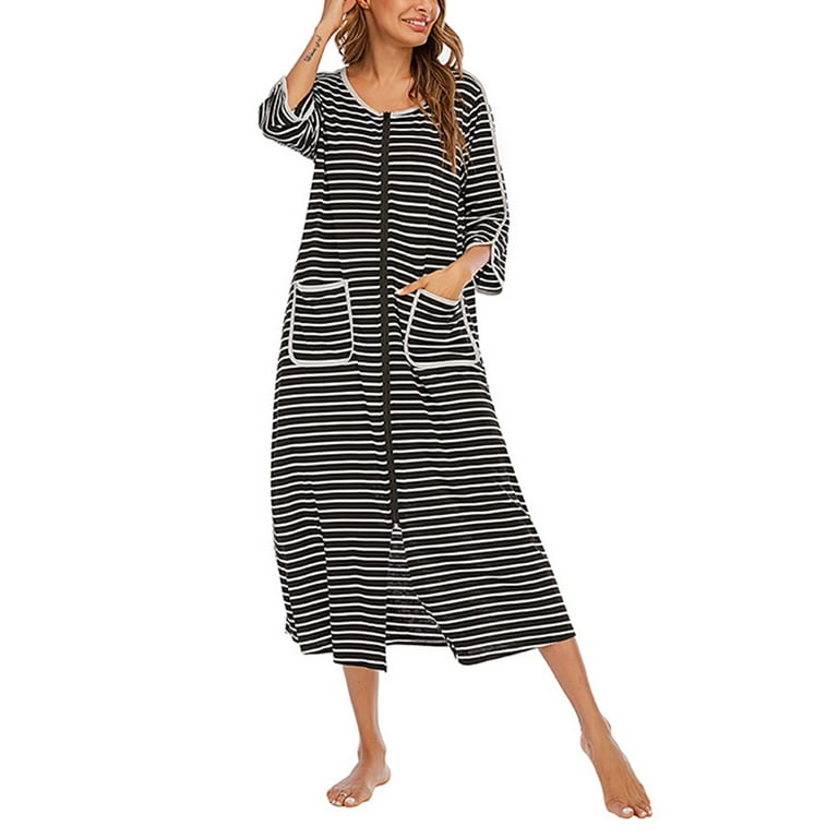 Women Plus Nightgowns Striped Sleep Dress Short Sleeve Half Sleeve