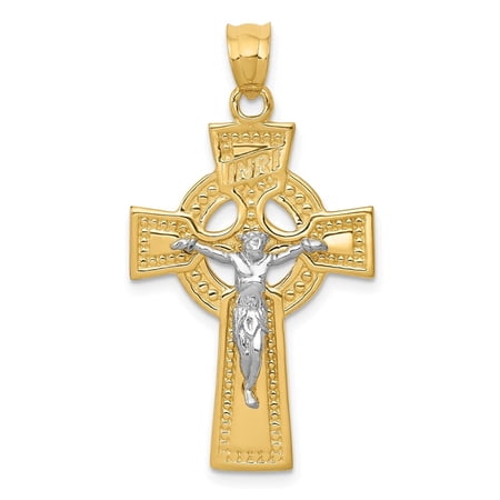 Diamond2Deal 14K Yellow Gold TwoTone Inri Crucifix Cross Pendant for Women (L37 mm,W21 mm)