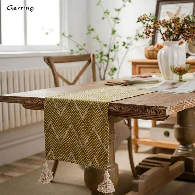 Gerring Nordic Jacquard Blue Table Runner Geometric Tassel Green Tea Table Flag Modern Elegant Table Runners For Dining Table