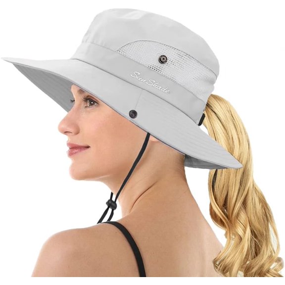 Women Outdoor Mesh Sun Hats with Ponytail-Hole Foldable UV Protection Bucket Hat Summer Beach Hat Hiking Fishing Cap