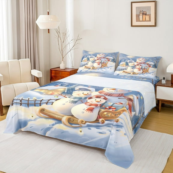 Manfei Funny Snowman Twin Sheet Sets 3pcs for Kids Girls Boys, Xmas Sled Twin Fitted Sheet, Happy New Year Christmas Flat Sheet, Super Cozy Room Decor