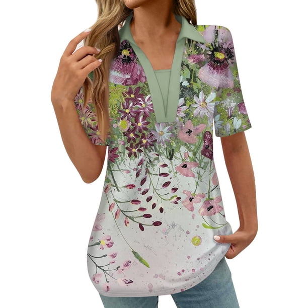 Tops Cortos para las Mujeres Blusas Impresas Manga Corta Turndown Collar Camiseta, Tops de Blusa para las Mujeres Casual