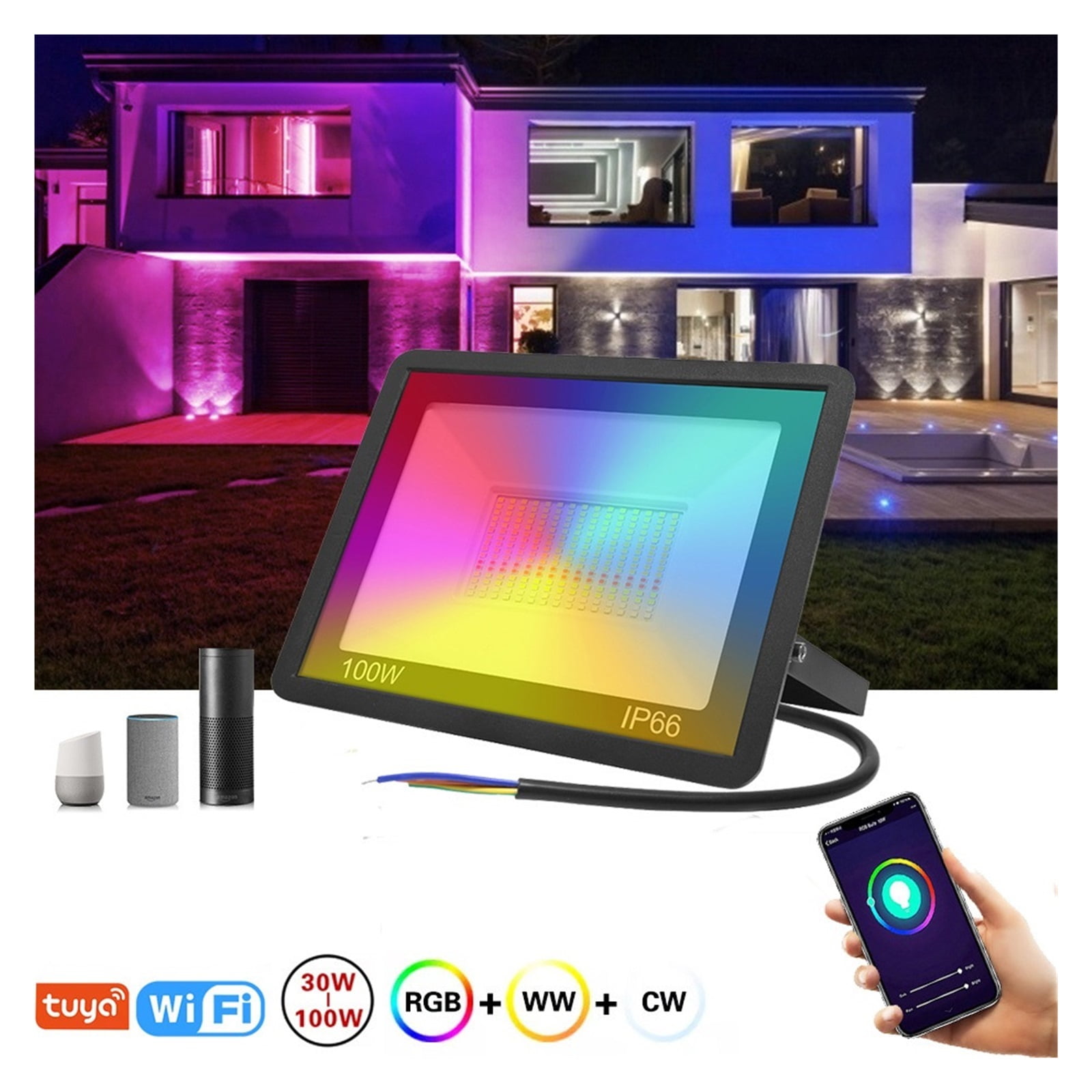 LED Flood Light Tuya Smart Floodlight Wall Lamp Spotlight 30W 50W 100W APP Voice Control Dimmable Outdoor Lighting - Wide Angle Beam