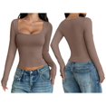 thumbnail image 3 of Camisas de Larga para Mujer, Tops Cortos, Cuello Cuadrado, Camisetas Básicas para Salir, Ropa de Invierno Y2K 2025 Color Café S, 3 of 7