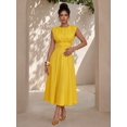 thumbnail image 5 of Women Round Neck Cap Sleeve Ruched Waist A-Line Midi Dress Solid Color for Party Vacation, 5 of 7