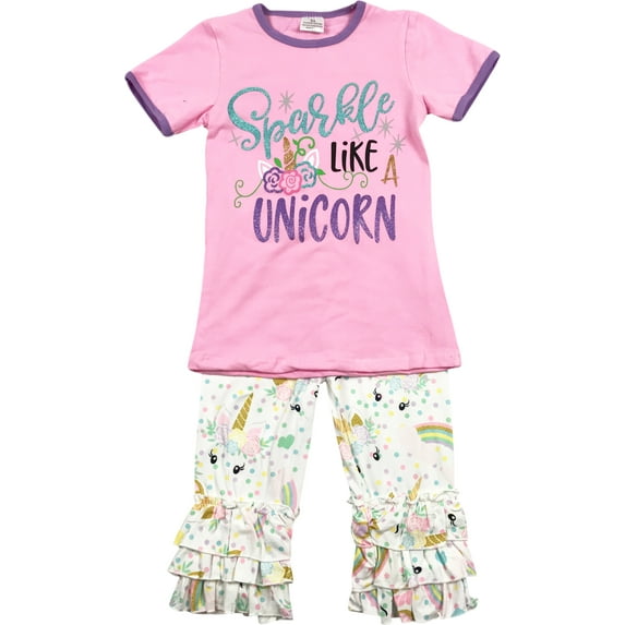 Big Girl Kids Short Sleeve Sparkle Unicorn Ruffle Capris Clothing Pants Set Lilac 7 2XL 201273 BNY Corner