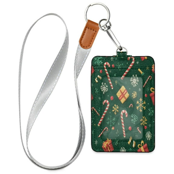 PU Leather ID Badge Holder Stylish Badge Holders with Lanyard (4.3x2.8x0.3in) for Cards & Credentials Christmas-themed Elementsl
