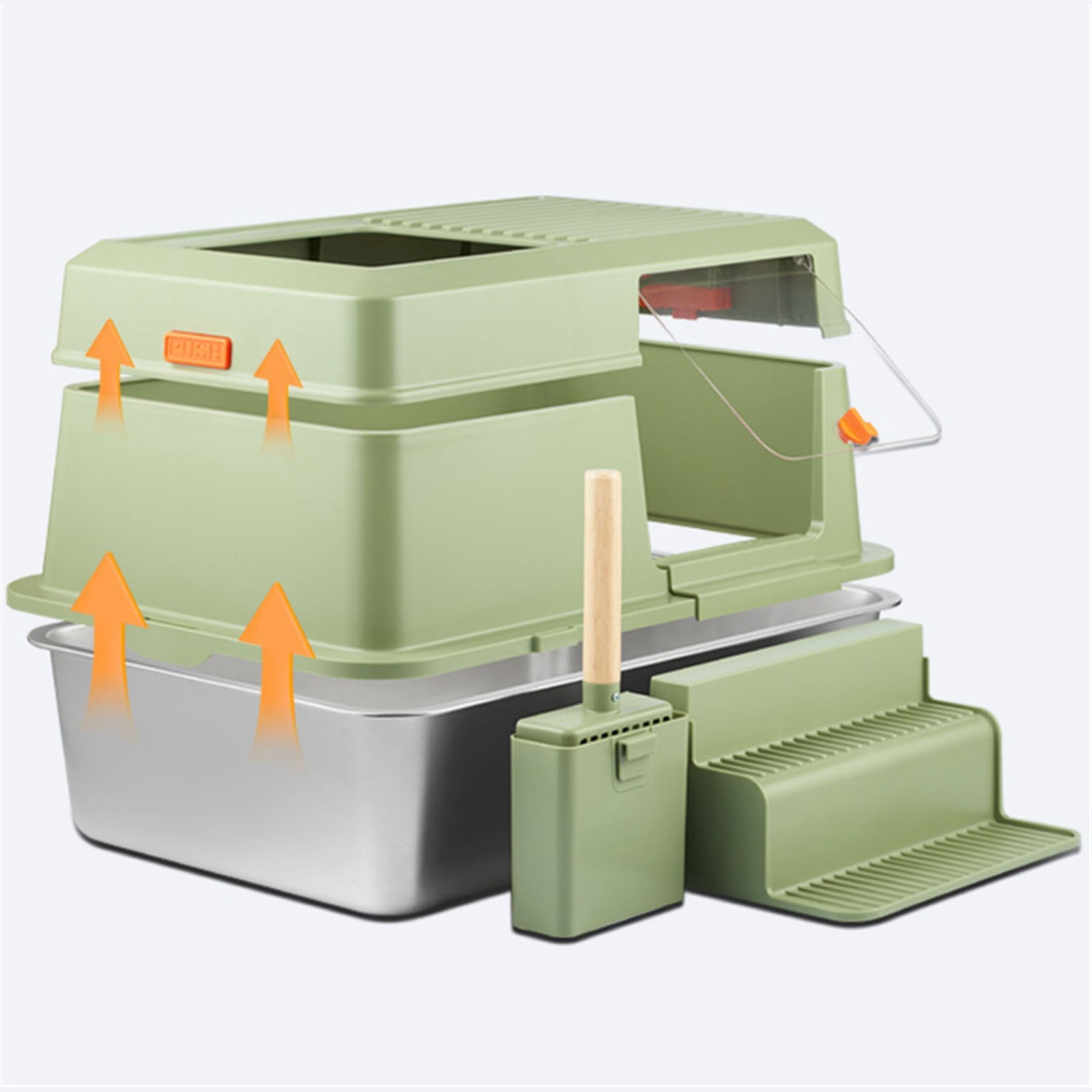Stainless Steel Litter Box with Lid, Front Entry Top Exit Kitty Litter Box, Easy Clean Metal Kitty Litter Box with Litter Scoop and Climbing Ladder