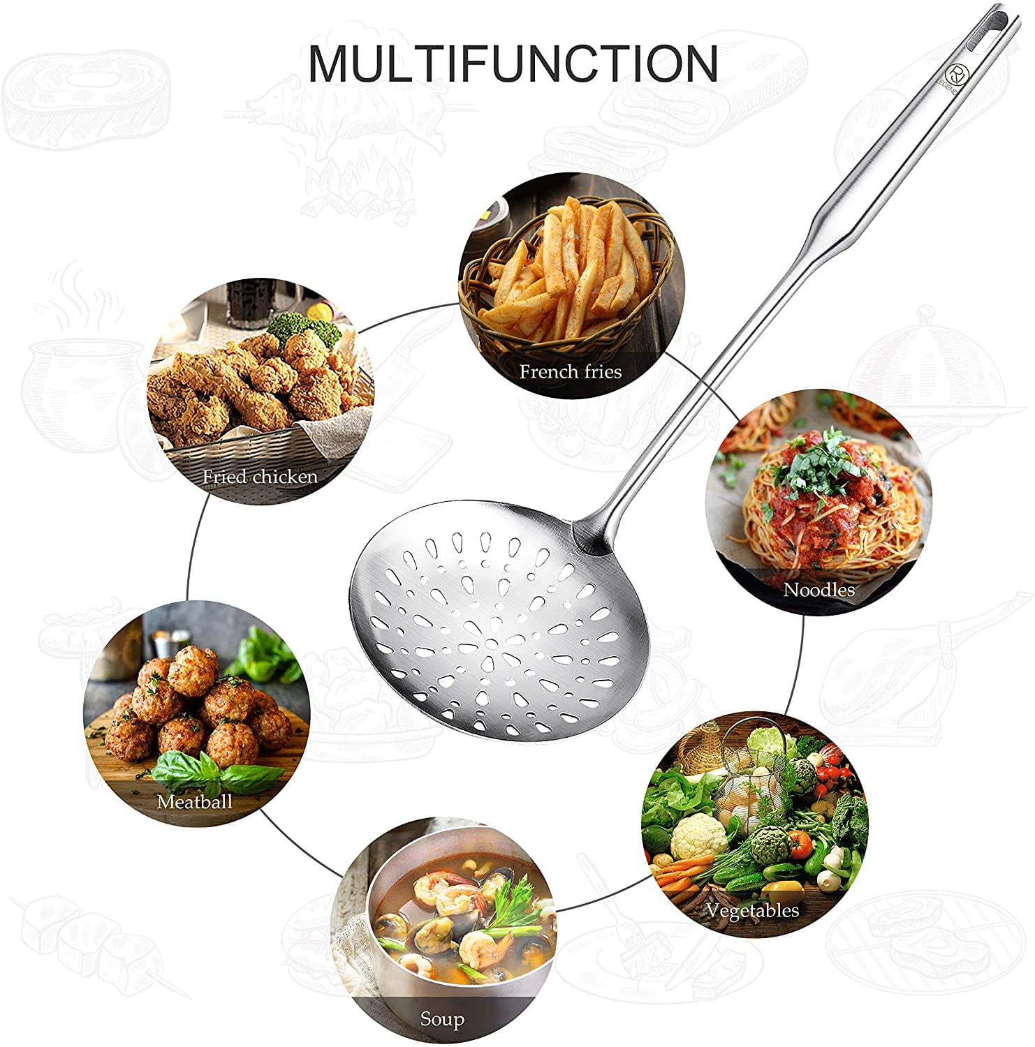 RJ Legend Large Slotted Spoon, Stainless Steel – Perfect Fry Ladle, Skimmer & Strainer, Multi-Use Slot Spoon – Oil Skimmer – Wok Skimmer Ladle, 304 Stainless Steel, Extraordinary Heat Resistance