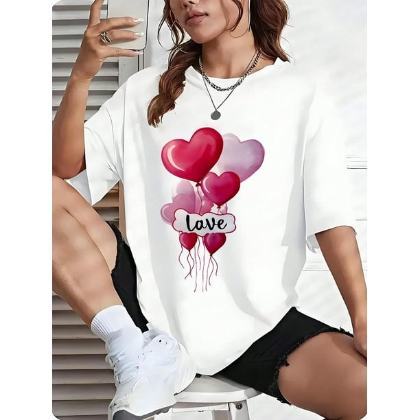 Camiseta con estampado gráfico de corazón y globo de amor para San Valentín para mujer, camiseta informal de cuello redondo a la moda para adultos, hombres, mujeres, adolescentes, jóvenes y ocio.