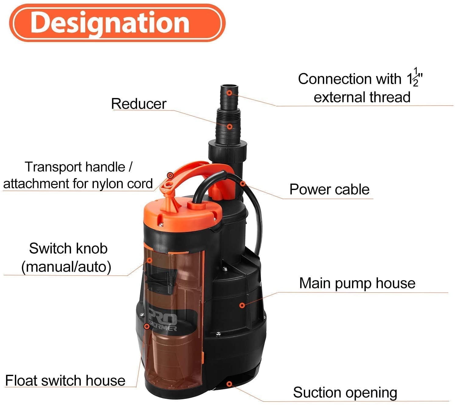 PROSTORMER 1/2HP Sump Pump, 2110GPH Sumbersible Water Pump, Portable Electric Pump with Build-in Float Switch for Crop Irrigation, Flooded Cellars, Courtyards and Pool Drainage