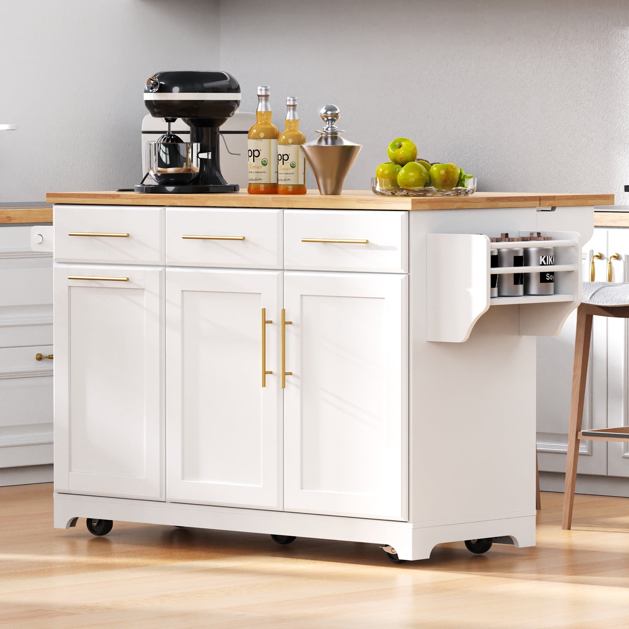 59.3" Kitchen Island with Storage 2 Pull Out Cabinet Organizers & Rubber Wood Drop Leaf, Rolling Kitchen Island with Trash Can Storage, Power Outlet, Spice & Towel Rack for Kitchen, Dining, White