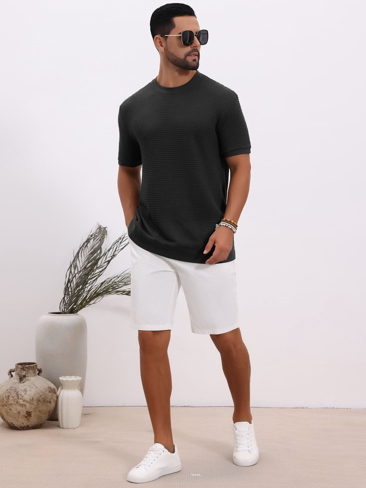 DARING DIVA Men's Waffle Short Sleeve Crew Neck Solid Knitted T-Shirt L Black