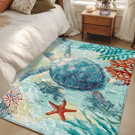 Area Rug for Living Room, Sea Turtle Coastal Non-Slip Indoor Large Carpet for Bedroom/Dining Room, Turquoise Nautical Summer Coral Ocean Washable Low-Profile Floor Mat Runner Rugs - 2.7 x 5 Ft