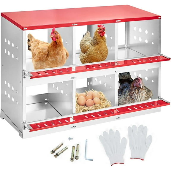 Lumiparty Chicken Laying Boxes, 6-Nest Galvanized Steel Design with Grip Perch Holes and Vent Dots, Red (without Cover)