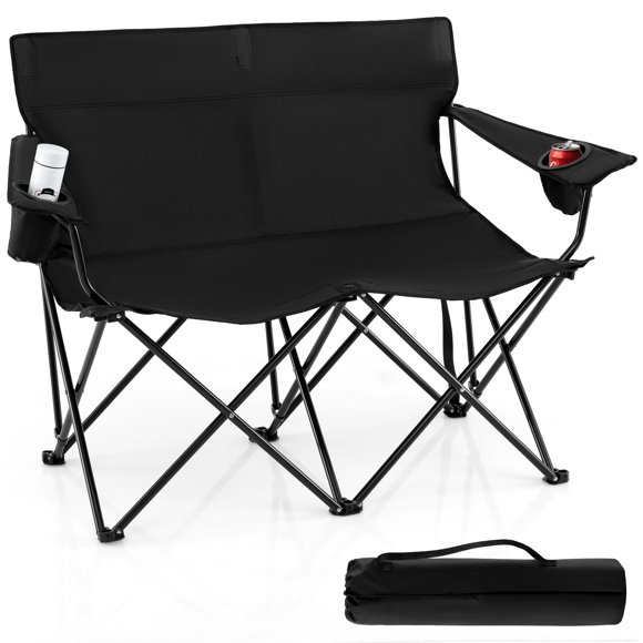 Patiojoy Oversized Double Camping Chair 2-Person Outdoor Heavy Duty Lawn Chair with Armrests & Cup Holders Black