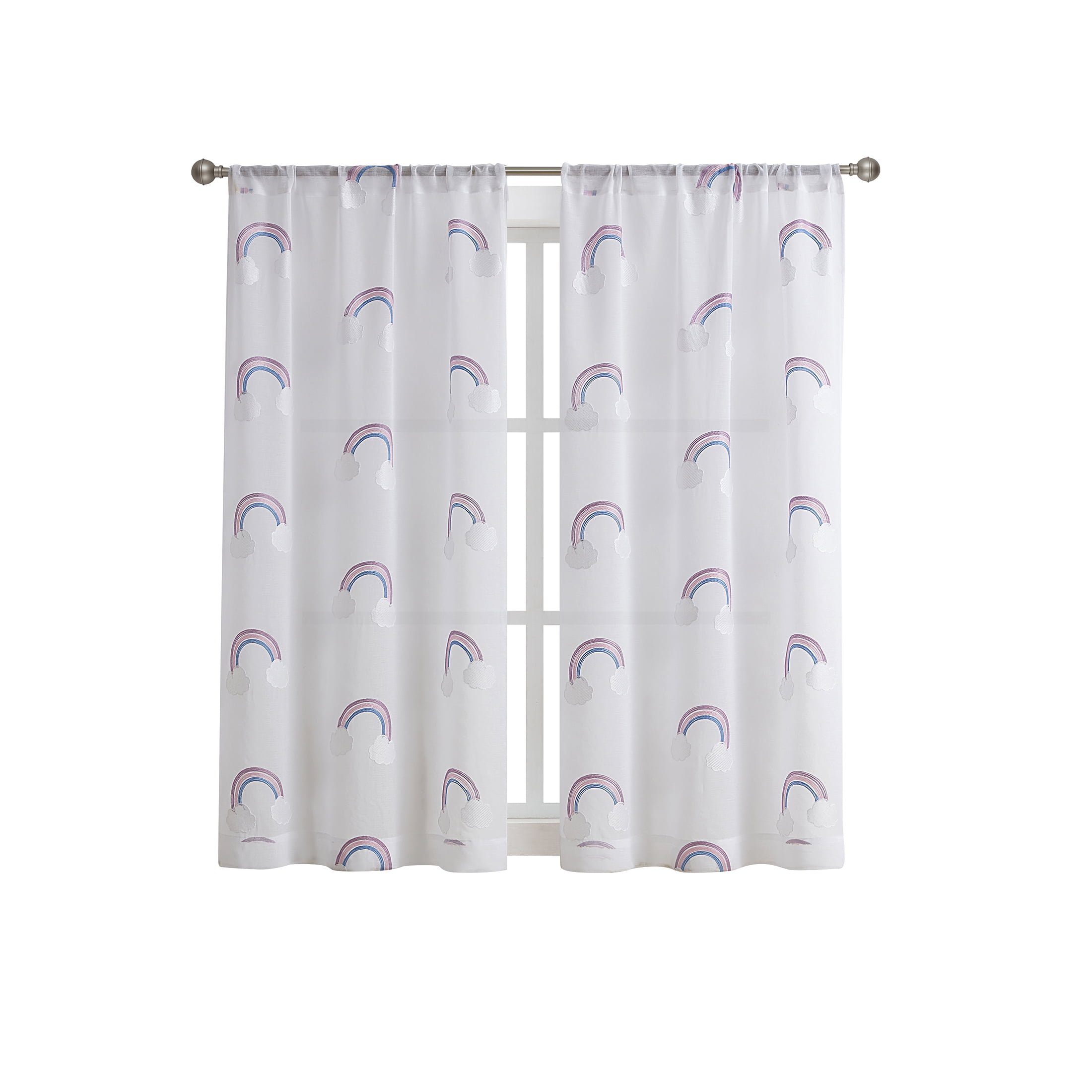 (2 pack) Your Zone Embroidered Rainbow Rod Pocket Sheer Single Curtain Panel, White/Multi, 38"W x 63"L