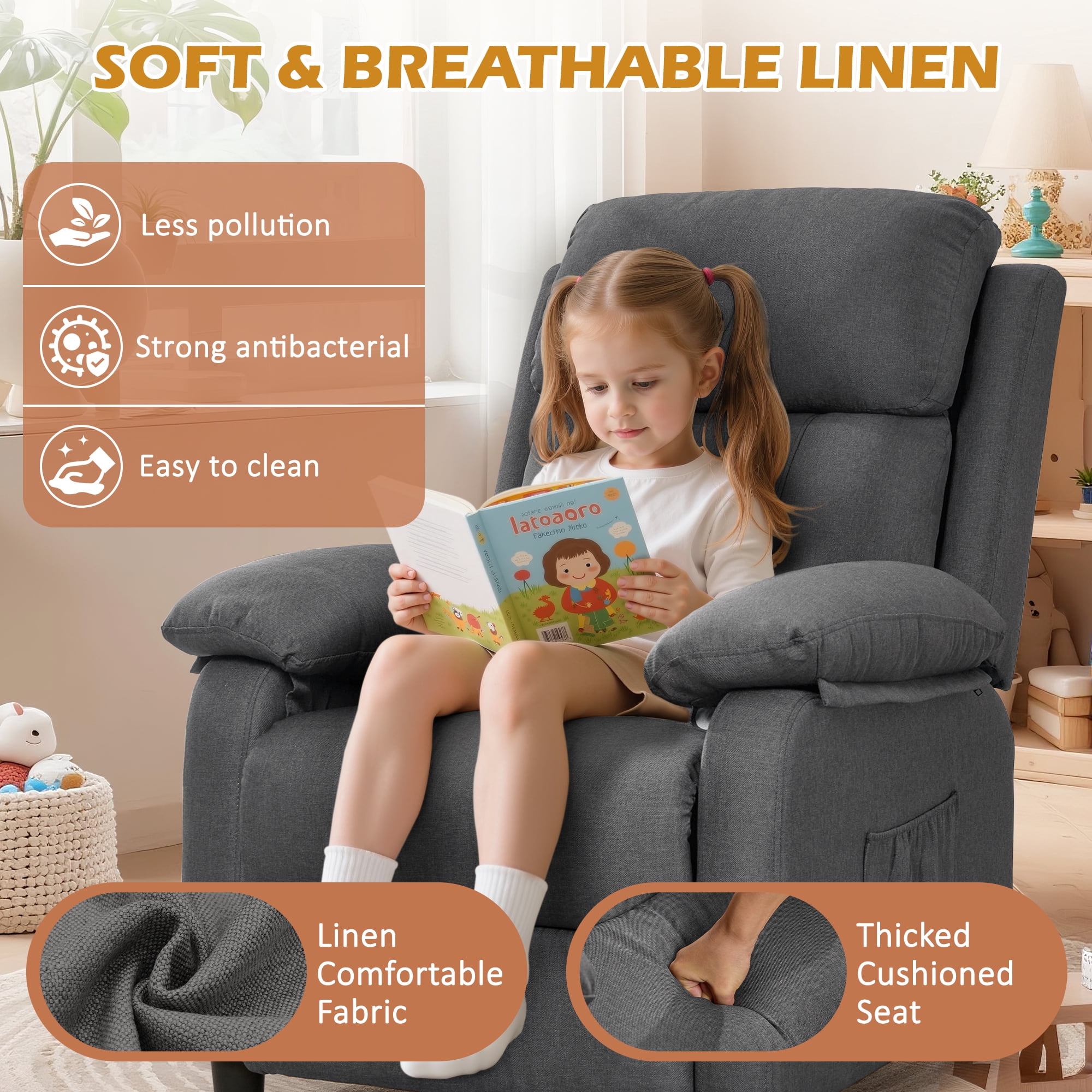 Korser Manual Push Back Recliner Chair with Side Pockets,Recliner Chairs for Adults for Living Room,Small Recliners for Small Spaces,Linen,Dark Grey