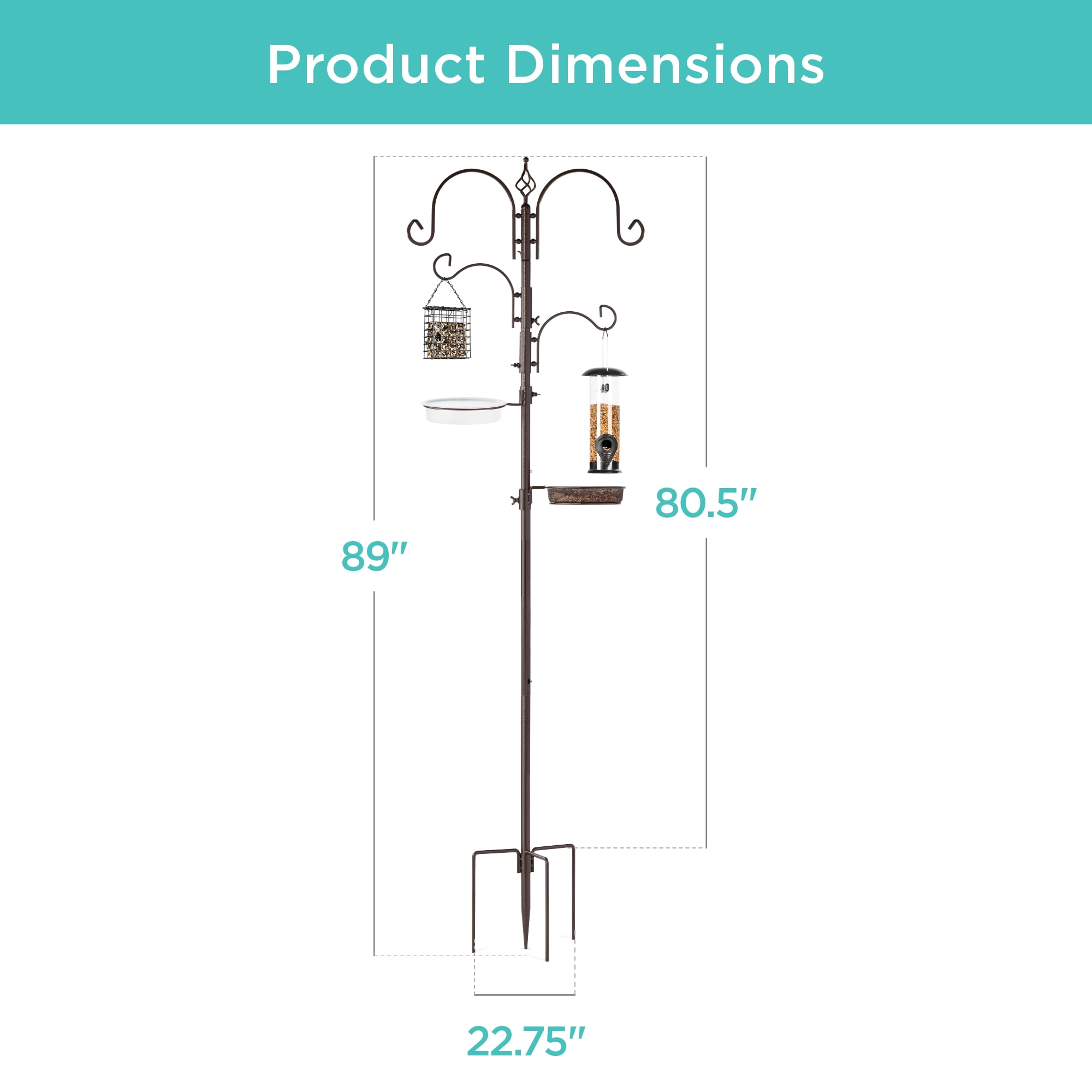 Best Choice Products 91in 4-Hook Bird Feeding Station, Steel Multi-Feeder Stand w/ 2 Feeders, Tray, Bird Bath - Brown