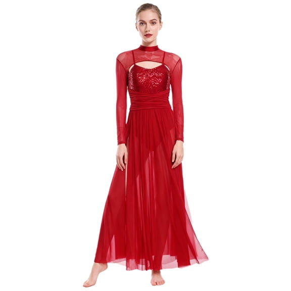 Doomiva Womens Lyrical Dance Dress Sequin Long Sleeve Tulle Flowy Maxi Long Dress Burgundy XXL