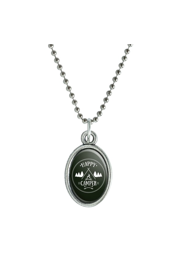 Happy Camper with Campfire Antiqued Oval Charm Pendant with Chain