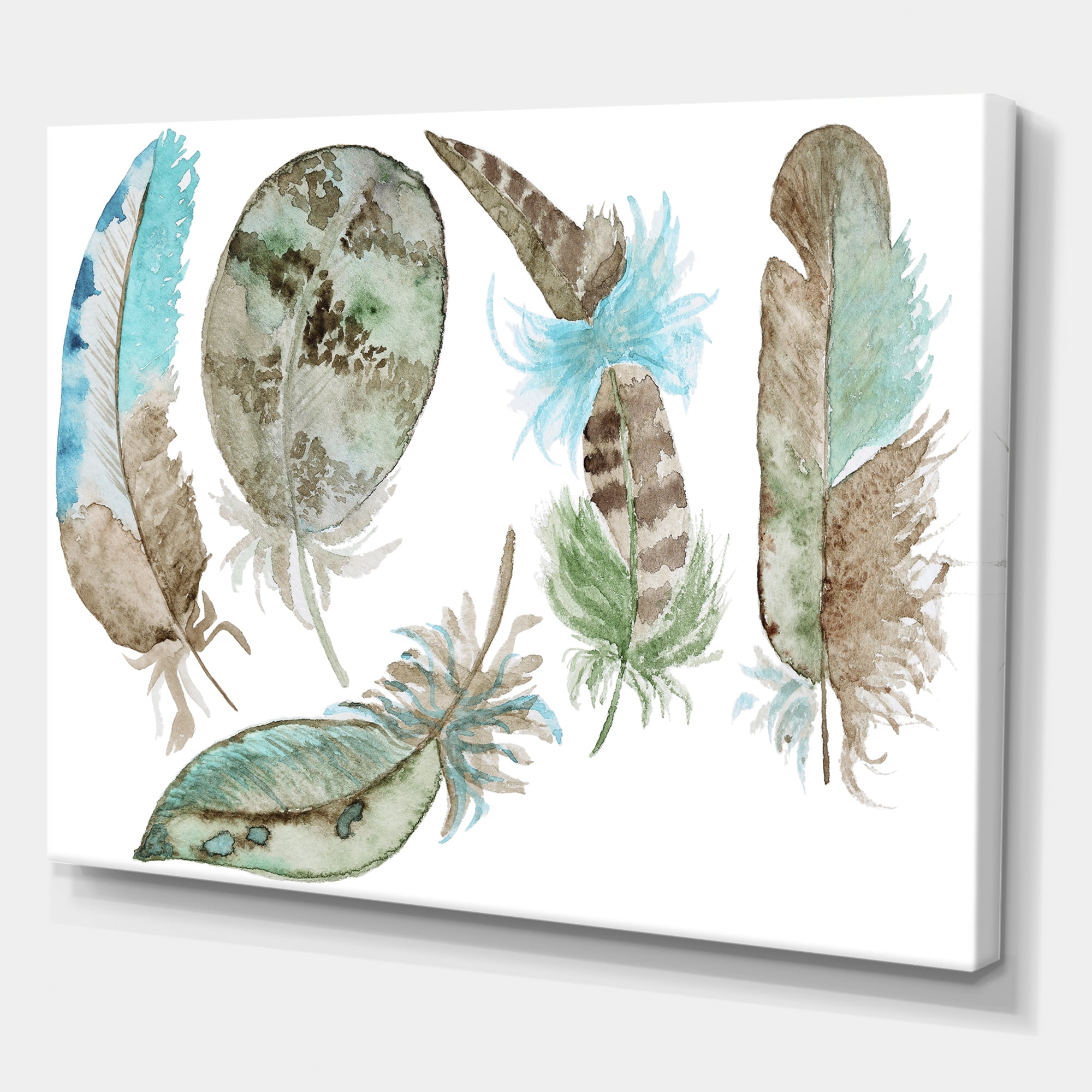 Designart ' Green Feathers Set On White ' Bohemian & Eclectic Canvas Wall Art Print
