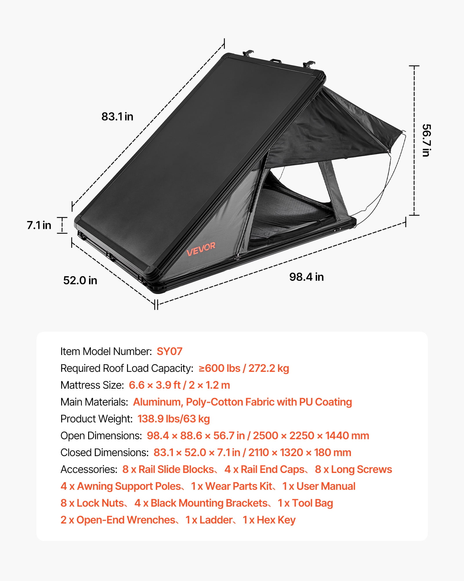 VEVOR Rooftop Tent Hard Shell, 2-3 Person Aluminum Roof Top Tent Hardshell with Tri-Color LED Light & Thick Mattress, Waterproof Windproof Overland Camping Car Roof Rack Suitable for Jeep SUV Pickup
