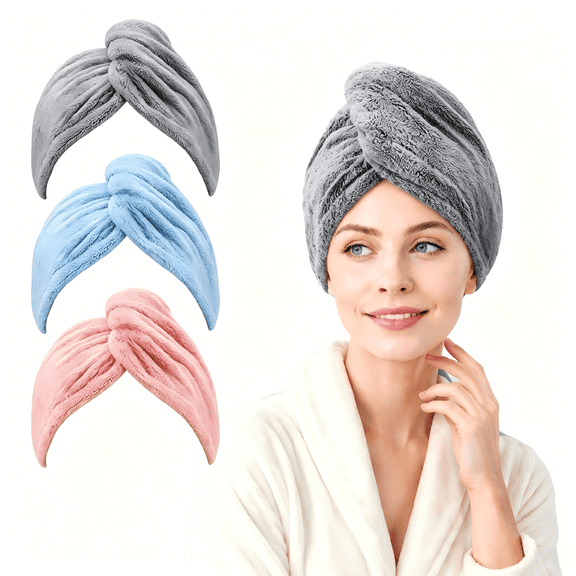 Microfiber Hair Towel Wrap, Fast Drying Hair Towels for Women, Soft Lightweight Quick Dry Turban for Curly & Long Hair–3 Pack(Blue/Grey/Pink)