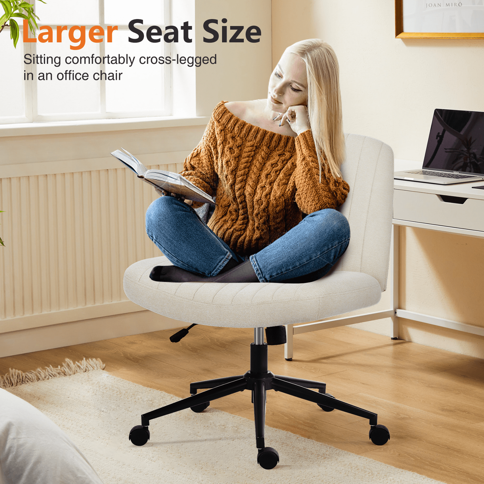 MAYEERTY Office Desk Vanity Chair Cross Legged Armless Swivel Fabric Height Adjustable Wide Seat with Replaceable Wheels/Fixed Base, Comfy Task Chair Padded