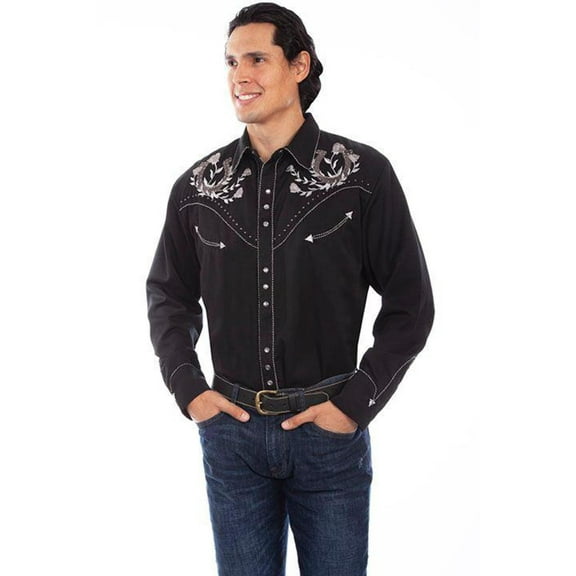 Scully Leather P-910 BLK XXL Mens Snap Front Shirt with Horseshoes, Studs, & Roses - Black, 2XL