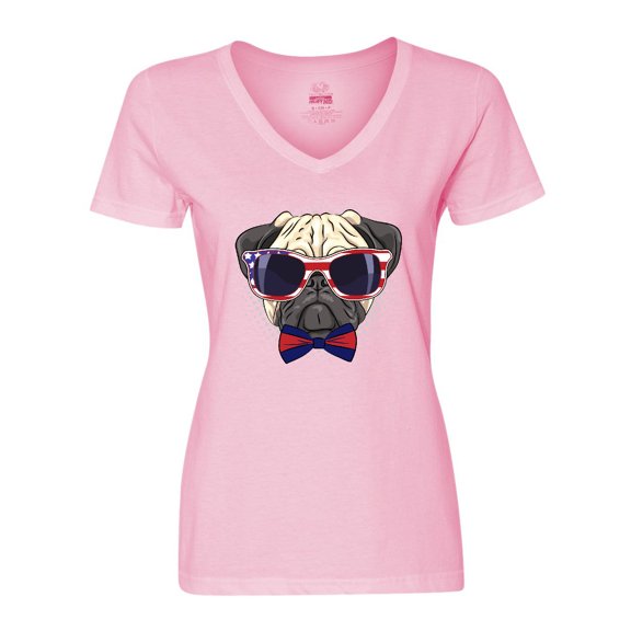 Inktastic Pug Dog July 4th Patriotic Sunglasses Women's V-Neck T-Shirt