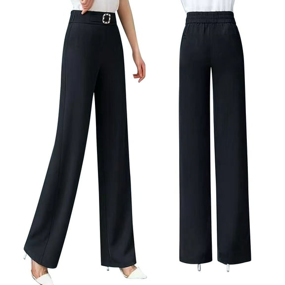 VNKIDY Women's Casual Pants Wide Leg Solid Color Dress Pants High Elastic Waisted Trousers With Buckle Detail For Elegant Office Casual Chic Style Classic Pants