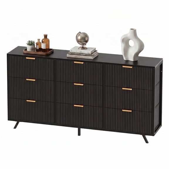 edx 9 Drawer Dresser for Bedroom, Fluted Wide Dresser for Closet, Living Room, Black