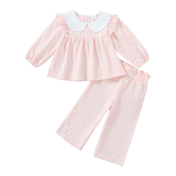 KIMI BEAR 4T Toddler Girl Outfit Set 5T Child Girls Clothes Ruffle Long Sleeves Plaid Top Wide Leg Pants 2pcs Clothing Pink
