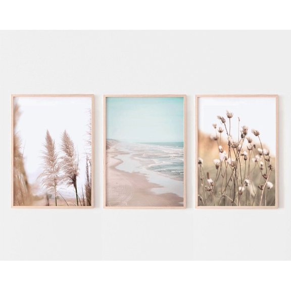 Luvia Coastal Prints Set Of 3, Neutral Beach, Boho Beach Gallery Wall, Pampas Grass Poster, Modern Wall Decor Set 3 Prints 8x12 UNFRAMED