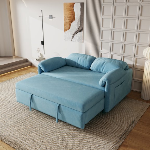 Luxurious Velvet Retractable Sofa Bed, Comfortable Soft Padded Folding Ear Armrests, Blue